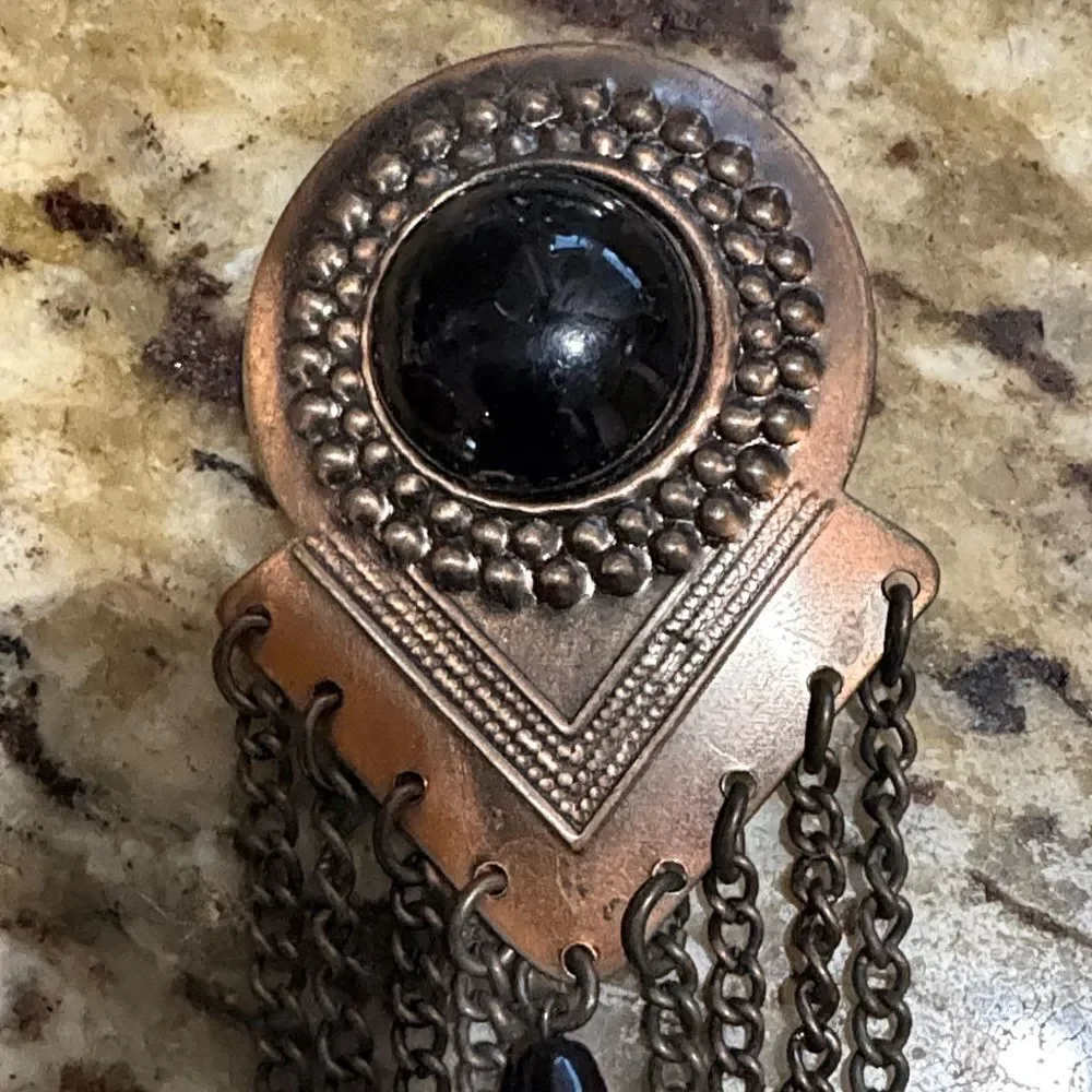 Artistic Black and Bronze Brooch with Chains
